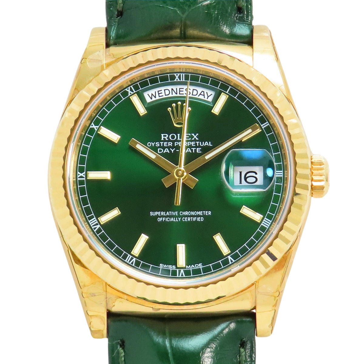 118138 日期显示型腕表,黄金/皮革表带,随机编号,自动上链,绿色表盘。