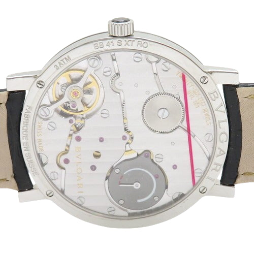 BB41SXTRO Bulgari Bulgari Roma Finissimo, stainless steel/leather, hand-wound, black dial, see-through back.