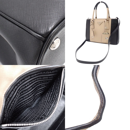 Galleria Medium Saffiano Leather, Beige/Black, 1BA863, 2-Way Shoulder/Top Handle Tote Bag