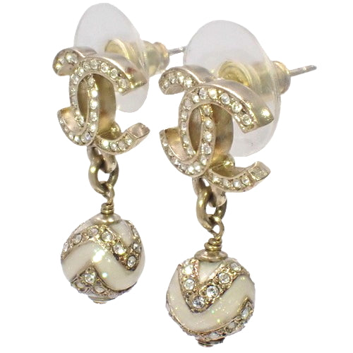 Coco Mark Rhinestone Pearl Earrings, Metal (GP), Rhinestone Accessory, Jewelry, Dangle Earrings
