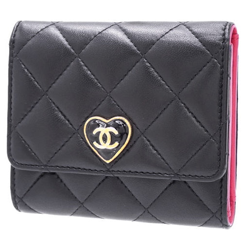Matelasse Heart Coco Small Flap Wallet, Lambskin, Black, Pink, AP3392, Tri-fold Wallet