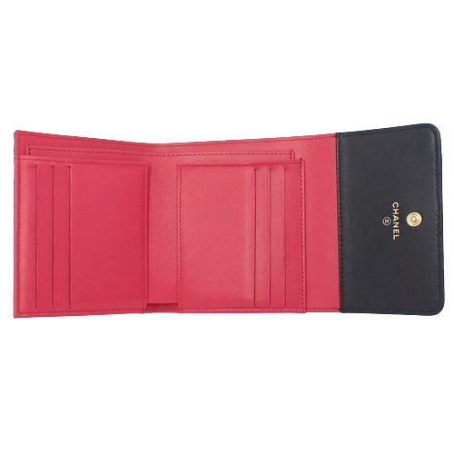 Matelasse Heart Coco Small Flap Wallet, Lambskin, Black, Pink, AP3392, Tri-fold Wallet