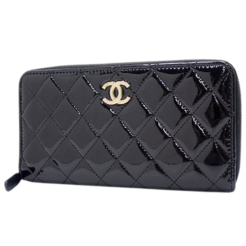 Matelasse Coco Mark Round-Zip Wallet, Patent Leather/Enamel, Black, Long Wallet