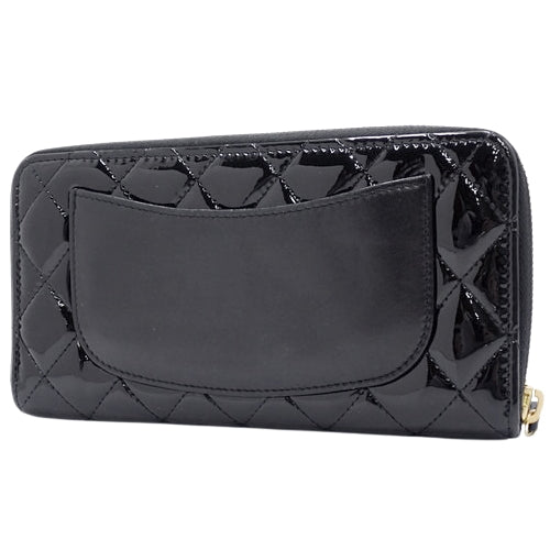 Matelasse Coco Mark Round-Zip Wallet, Patent Leather/Enamel, Black, Long Wallet