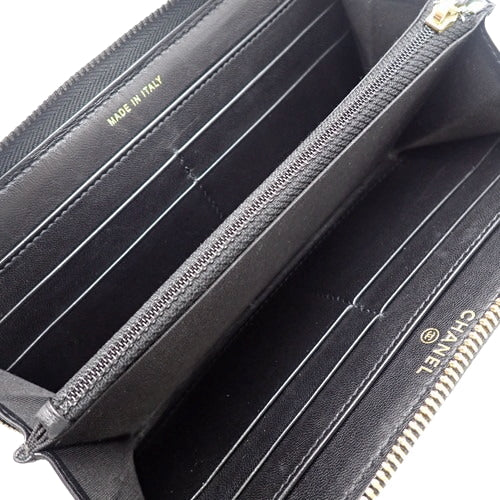 Matelasse Coco Mark Round-Zip Wallet, Patent Leather/Enamel, Black, Long Wallet