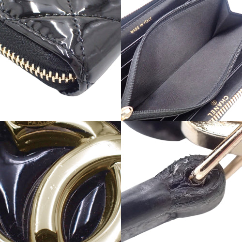 Matelasse Coco Mark Round-Zip Wallet, Patent Leather/Enamel, Black, Long Wallet