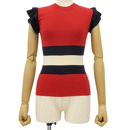 Knitted sleeveless ruffled top with stripes, size S, wool.