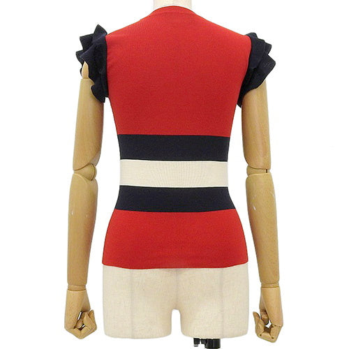 Knitted sleeveless ruffled top with stripes, size S, wool.
