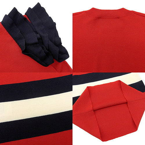 Knitted sleeveless ruffled top with stripes, size S, wool.