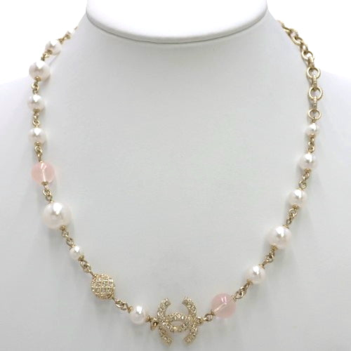 Coco Mark Pearl Necklace, Metal (GP), Faux Pearl, Rhinestone, Accessory, Jewelry