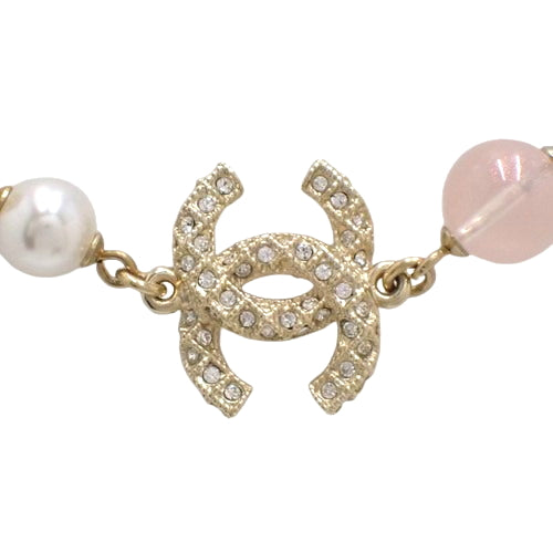 Coco Mark Pearl Necklace, Metal (GP), Faux Pearl, Rhinestone, Accessory, Jewelry