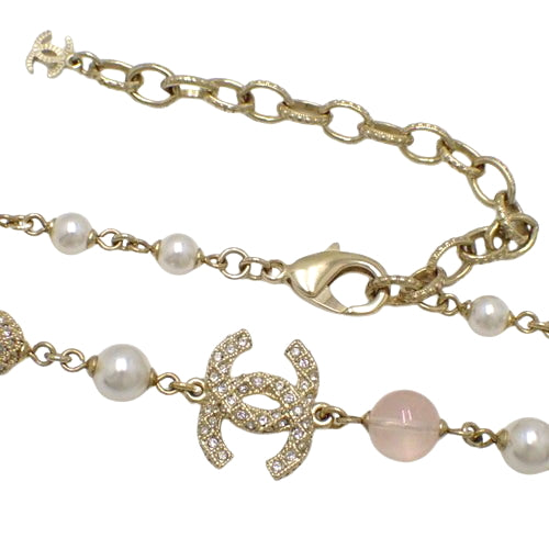 Coco Mark Pearl Necklace, Metal (GP), Faux Pearl, Rhinestone, Accessory, Jewelry