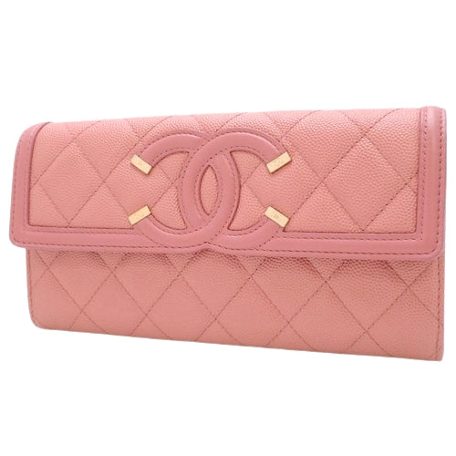Matelasse CC Filigree Long Wallet, Caviar Skin, Pink, Flap Closure, Accessories