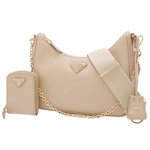 Re-Edition 2005 Saffiano Leather Bag, 2-Way, Chain Shoulder Bag, Crossbody Bag, Beige Pink, 1BH204_NZV_F0MUH_V_V2M (Current as of January 2025)