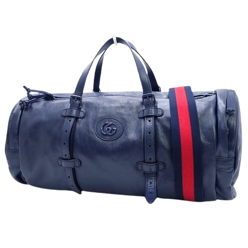 Double G Duffel Bag, Leather, Navy and Red, 725699, 2-Way Shoulder Bag (Can be carried as a shoulder bag or crossbody bag), Travel Bag