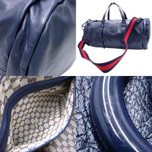 Double G Duffel Bag, Leather, Navy and Red, 725699, 2-Way Shoulder Bag (Can be carried as a shoulder bag or crossbody bag), Travel Bag
