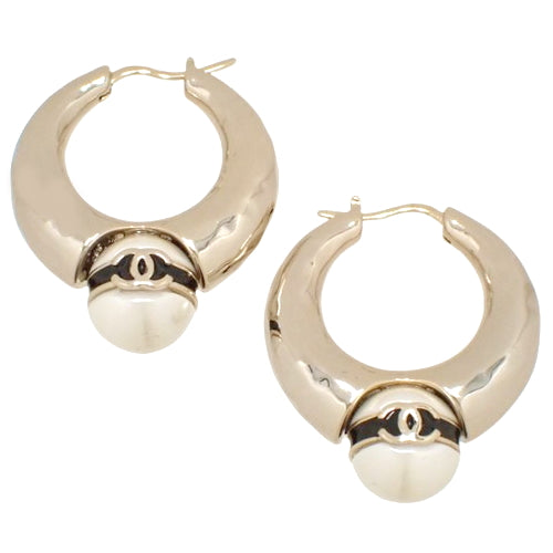 Coco Mark Pearl Hoop Earrings, Metal (GP), Fake Pearl, Accessory, Jewelry