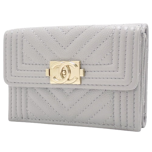 Boy Chanel Coco Mark Tri-Fold Wallet, Caviar Skin, Light Gray, A84432, Mini Wallet, V-Stitch Chevron