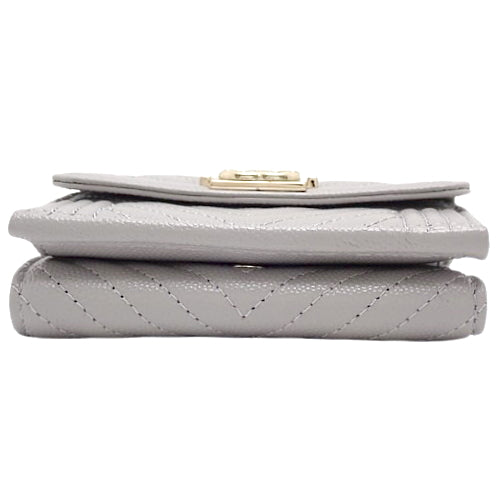 Boy Chanel Coco Mark Tri-Fold Wallet, Caviar Skin, Light Gray, A84432, Mini Wallet, V-Stitch Chevron