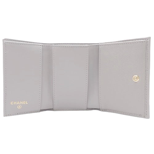 Boy Chanel Coco Mark Tri-Fold Wallet, Caviar Skin, Light Gray, A84432, Mini Wallet, V-Stitch Chevron