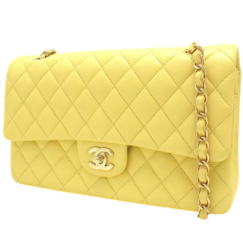 Matelasse Coco Mark Double Flap Chain Shoulder Bag, Caviar Skin, Light Yellow, Shoulder Bag, Double Flap, 25cm