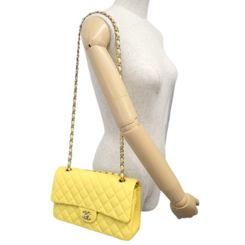 Matelasse Coco Mark Double Flap Chain Shoulder Bag, Caviar Skin, Light Yellow, Shoulder Bag, Double Flap, 25cm