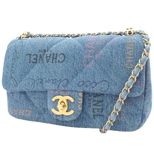 Matelasse Coco Mark Chain Shoulder Bag, Denim, Blue, Multicolor, AS3135, Crossbody, Shoulder Bag, Mini Matelasse, Flap