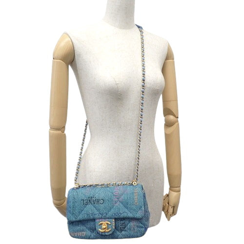 Matelasse Coco Mark Chain Shoulder Bag, Denim, Blue, Multicolor, AS3135, Crossbody, Shoulder Bag, Mini Matelasse, Flap