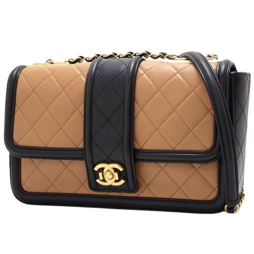 Matelasse Coco Mark Chain Shoulder Bag, Lambskin, Brown, Black, A90670, Shoulder Bag, Crossbody Bag