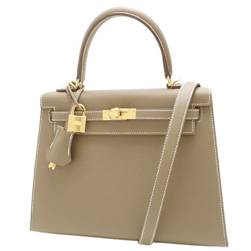 【未使用】ケリー 25 (外縫い) ヴォーエプソン エトープ/エトゥープ ゴールド金具 W刻印