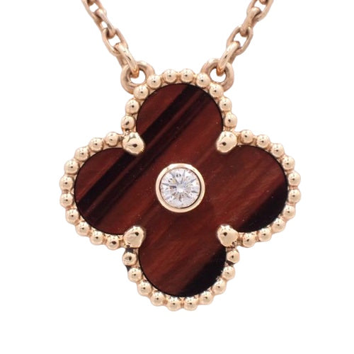 复古 Alhambra 项链,带靶心和钻石,18K 玫瑰金,PG 花朵和三叶草图案