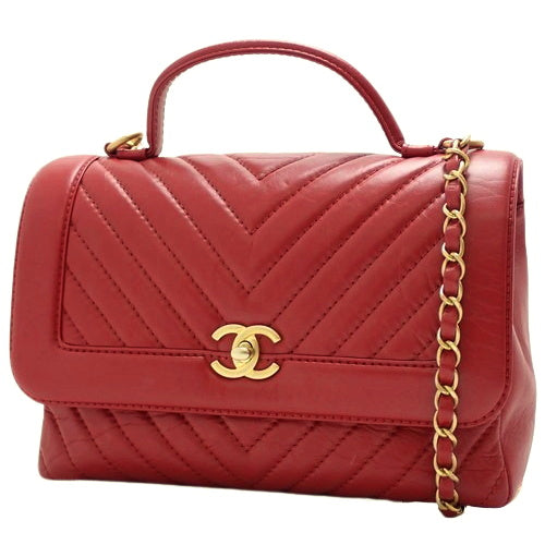 Chevron Coco Handle V-Stitch Handbag, Calfskin, Red, 2-Way Chain Shoulder Bag