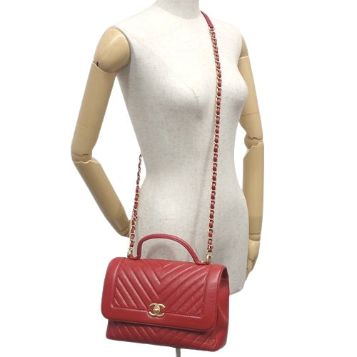 Chevron Coco Handle V-Stitch Handbag, Calfskin, Red, 2-Way Chain Shoulder Bag