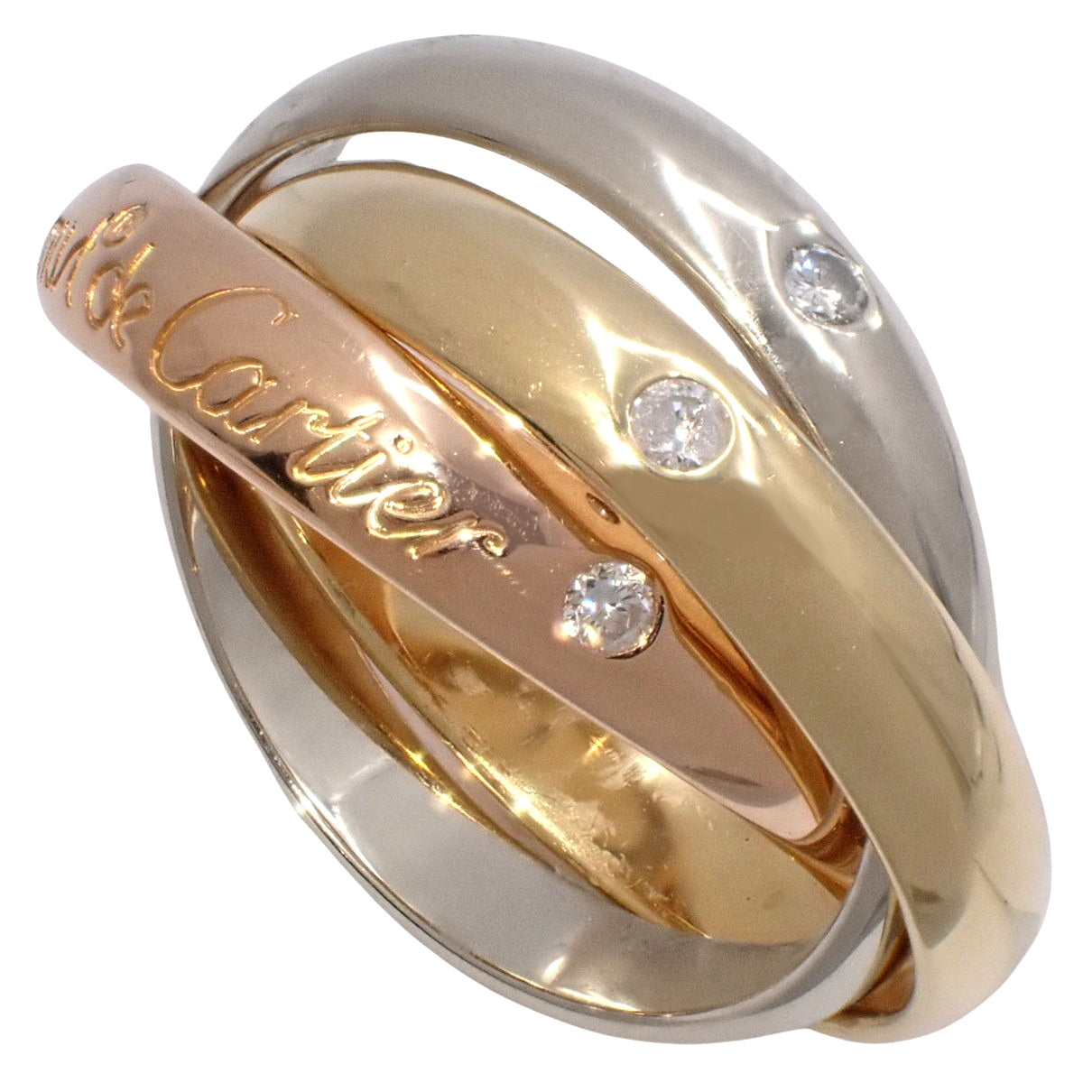 Cartier Trinity 钻石戒指,18K 黄金 (YG)、18K 白金 (WG) 和 18K 粉金 (PG)。