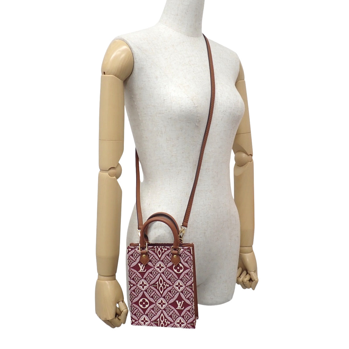 Monogram Jacquard Petite Sac Plat 皮革包,波尔多红、白色和棕色,M69846