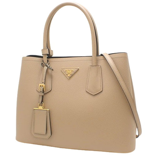 Double Medium Bag, Saffiano Leather, SAFFIANO CUIR CAMMEO/NERO 1BG887, 2-Way (shoulder and crossbody)