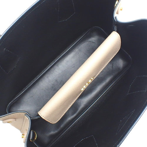 Double Medium Bag, Saffiano Leather, SAFFIANO CUIR CAMMEO/NERO 1BG887, 2-Way (shoulder and crossbody)