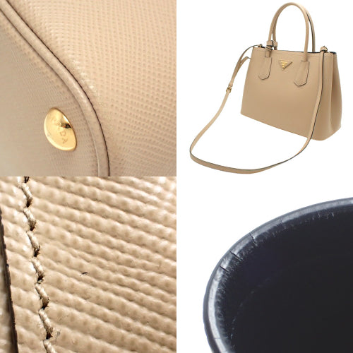 Double Medium Bag, Saffiano Leather, SAFFIANO CUIR CAMMEO/NERO 1BG887, 2-Way (shoulder and crossbody)