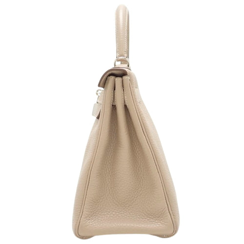 Kelly 28 (inside stitching) Taurillon Clemence leather, palladium hardware, Argile, Q stamp