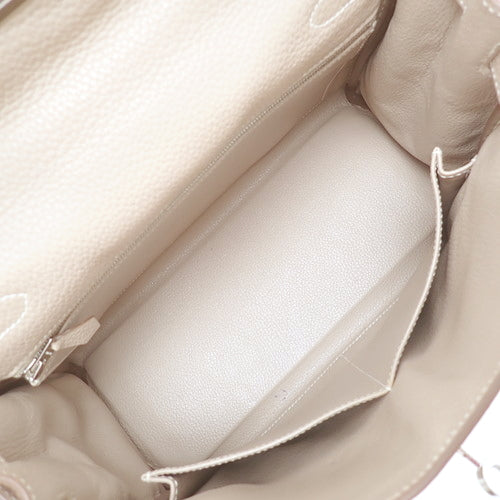 Kelly 28 (inside stitching) Taurillon Clemence leather, palladium hardware, Argile, Q stamp