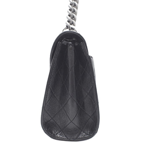 Matelasse Coco Mark Chain Handbag in Black Leather, 2-Way Shoulder/Crossbody Bag with V-Stitching