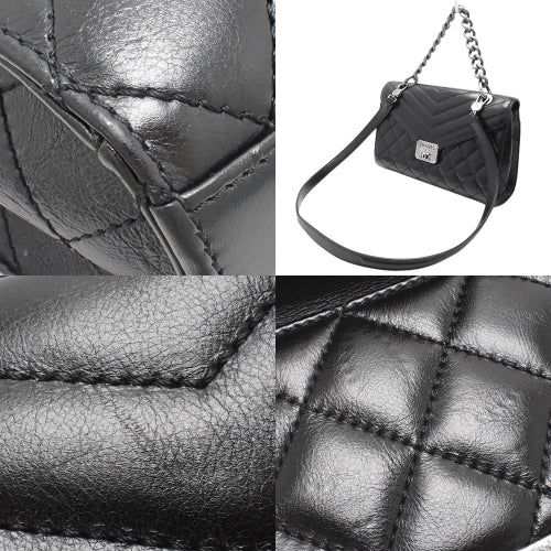 Matelasse Coco Mark Chain Handbag in Black Leather, 2-Way Shoulder/Crossbody Bag with V-Stitching