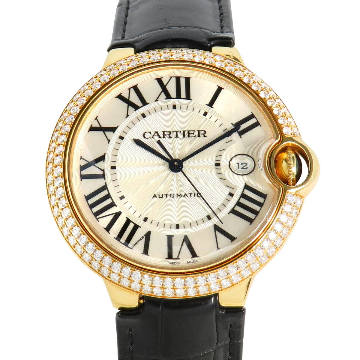 WE900751 卡地亚蓝气球系列男士腕表,鳄鱼皮表带/18K黄金表壳,自动上链,银色表盘,镶钻表圈。