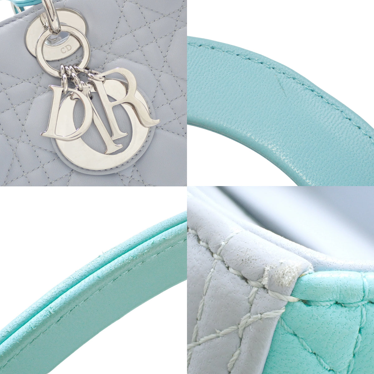 Canage Lady Dior bag, large size, lambskin, light gray, light blue.