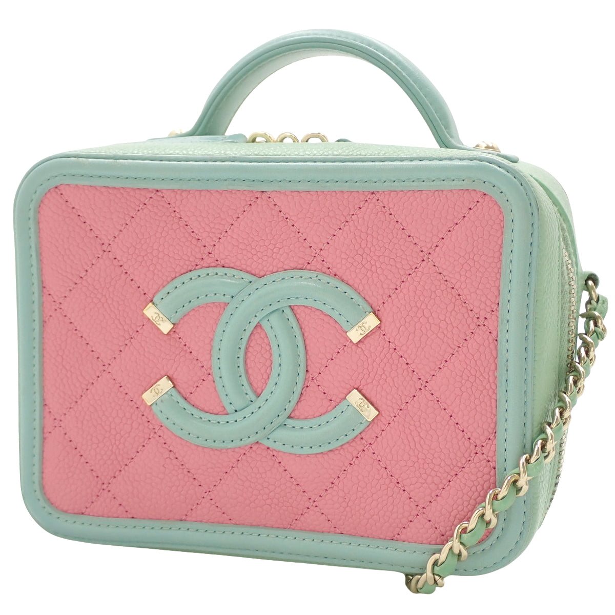 Matelasse CC Filigree Vanity Bag, Caviar Skin, Pink and Yellow-Green, A93343