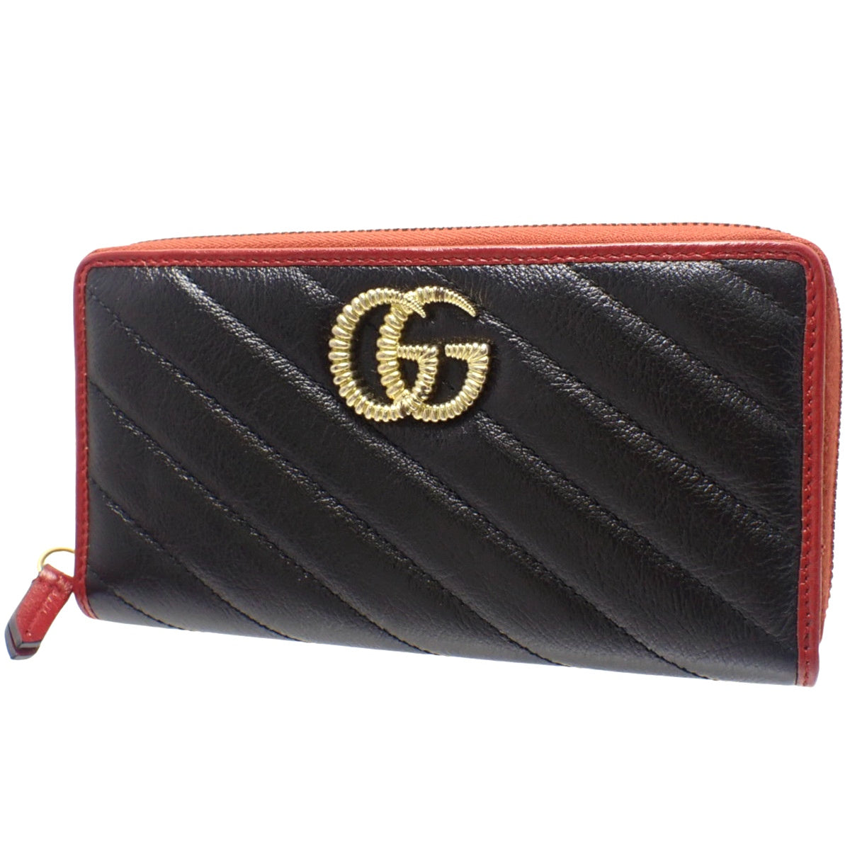 GGマーモント ラウンドファスナー 長財布 レザー ブラック レッド 573810