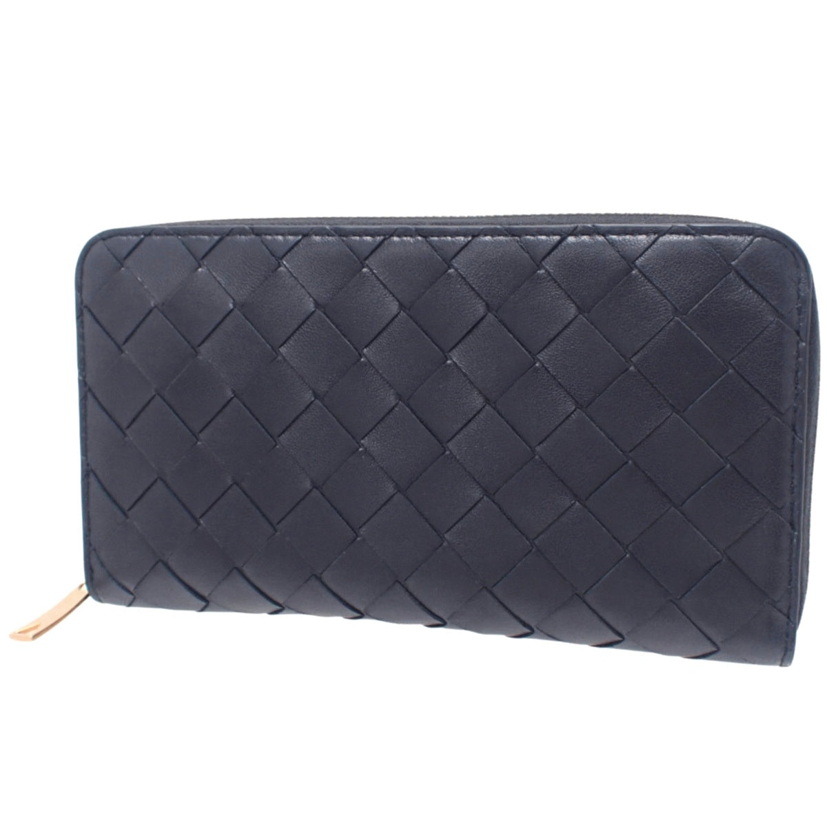 Intrecciato Round Zip Wallet, Leather, Navy, 608053