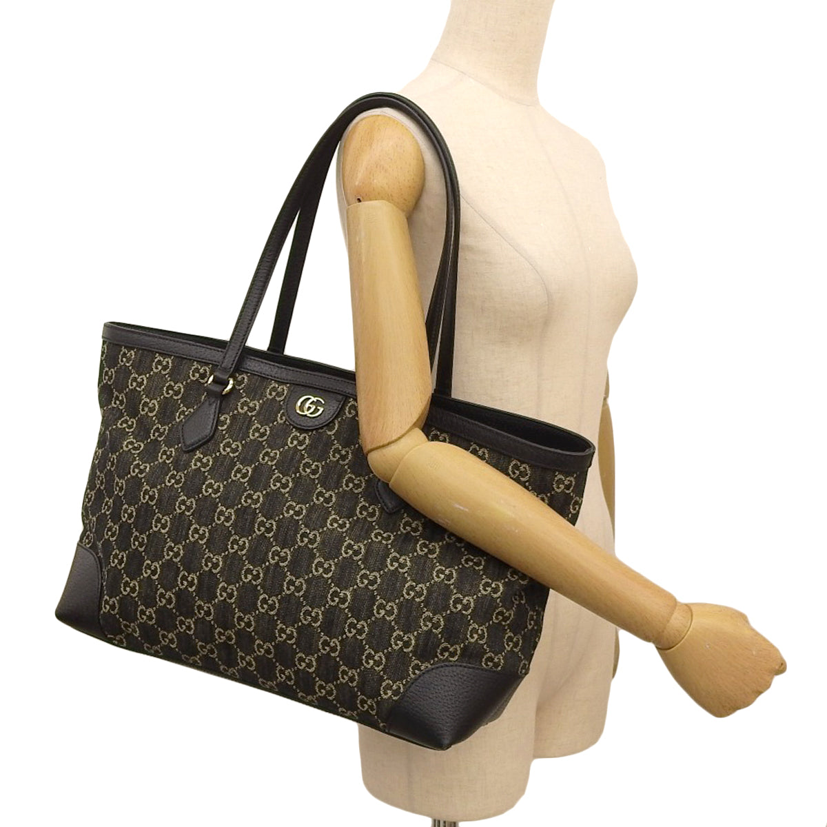 GG Denim Medium Tote, GG Denim, Black, Beige, 631685, Shoulder Bag, Tote Bag