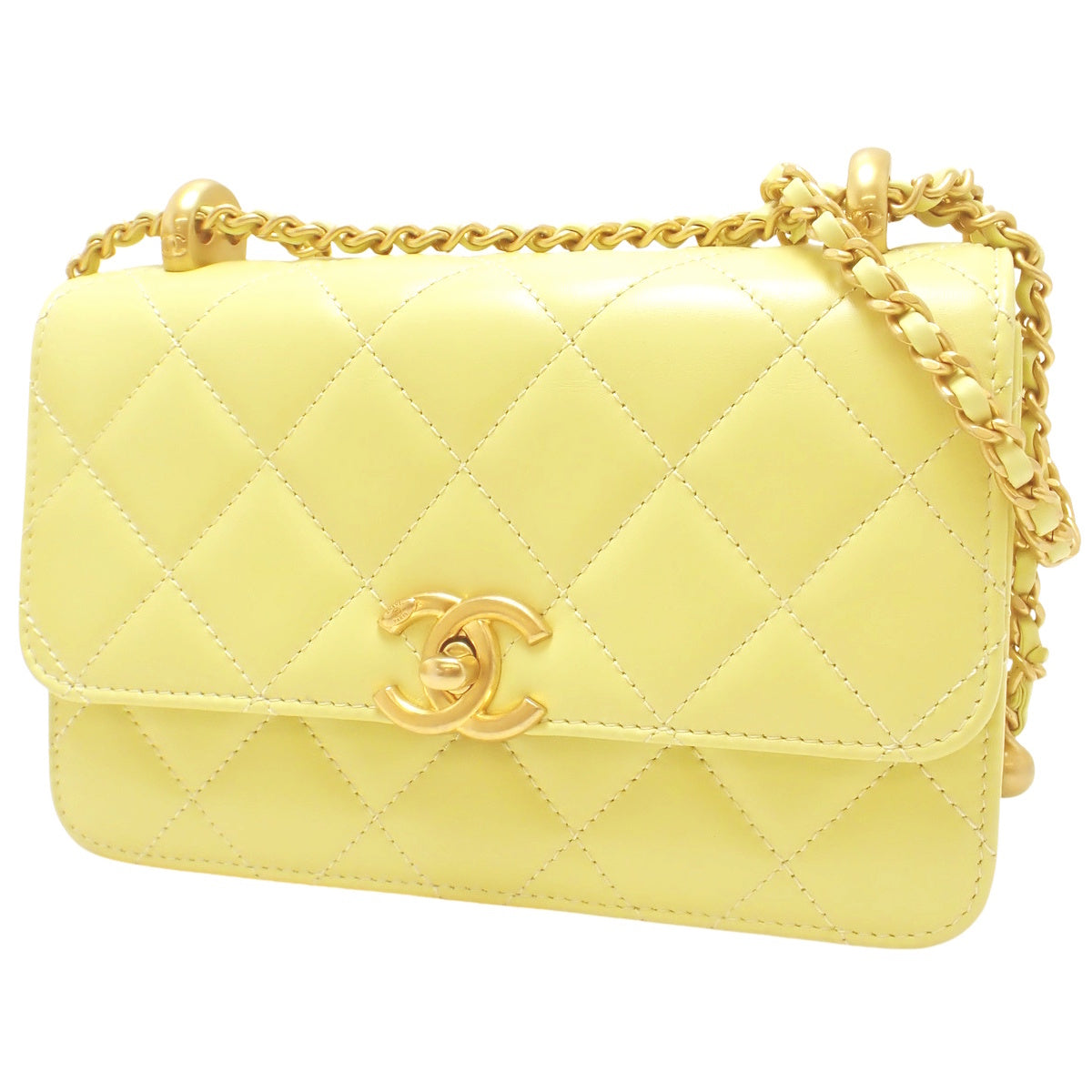 Matelasse Coco Mark Chain Shoulder Bag, Leather, Yellow