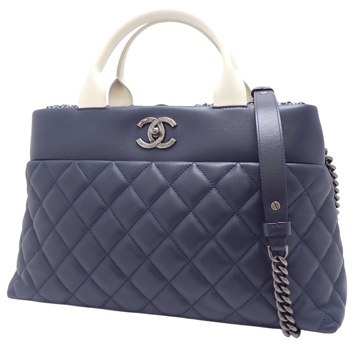 Matelasse Coco Mark 2-Way Chain Shoulder Bag, Lamb Tweed, Navy, Ivory, A93270
